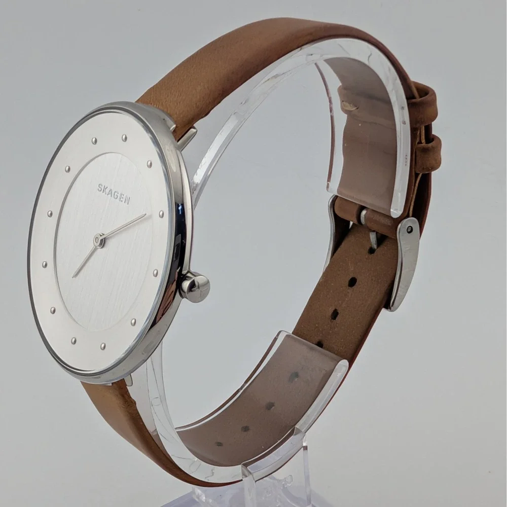 Skagen Gitte SKW2326 Women's Minimalist Silver Dial Brown Leather Watch 38mm